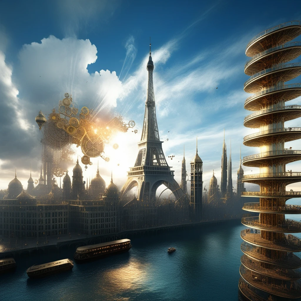 Gaze upon a city where steampunk dreams meet technological advancements, each tower a symphony of brass and invention.