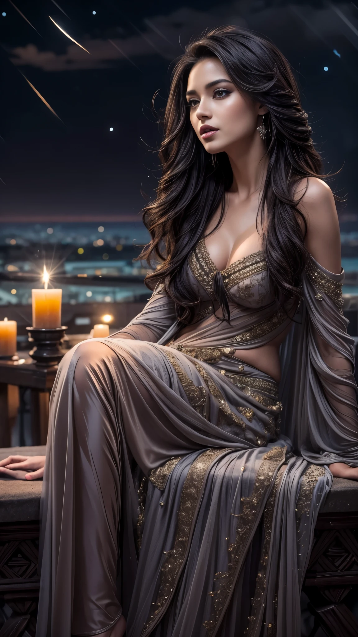 (32k:1.5, Highest quality, masterpiece, Ultra-high resolution), Professional camera work:1.6, Very detailedな肌と顔の質感:1.3, Captivating portrait:1.3, Very accurate, Very detailed, 1 adult female, ((Amazing night view from the rooftop, The moonlight at night illuminates my body)), (Satin Nightgown:0.5), Incredibly slim body, Fair skin, elegant, Expressions of sadness, (Big eyes that exude beautiful eroticism:0.8, Sad expression:1.0, I love you with all my heart:0.8, Please open your mouth a little, lipstick, Feel the beautiful eroticism:0.8), (Wet dark brown medium length hair), Candles, The chest is medium, Earrings, necklace, bracelet, Sensual sitting position, (romantic, dramatic, mysterious), Object of admiration, Artistic, Innovative, Ultimate, Tilt, ((Adult charm, Feminine charm, Hair blowing in the wind))