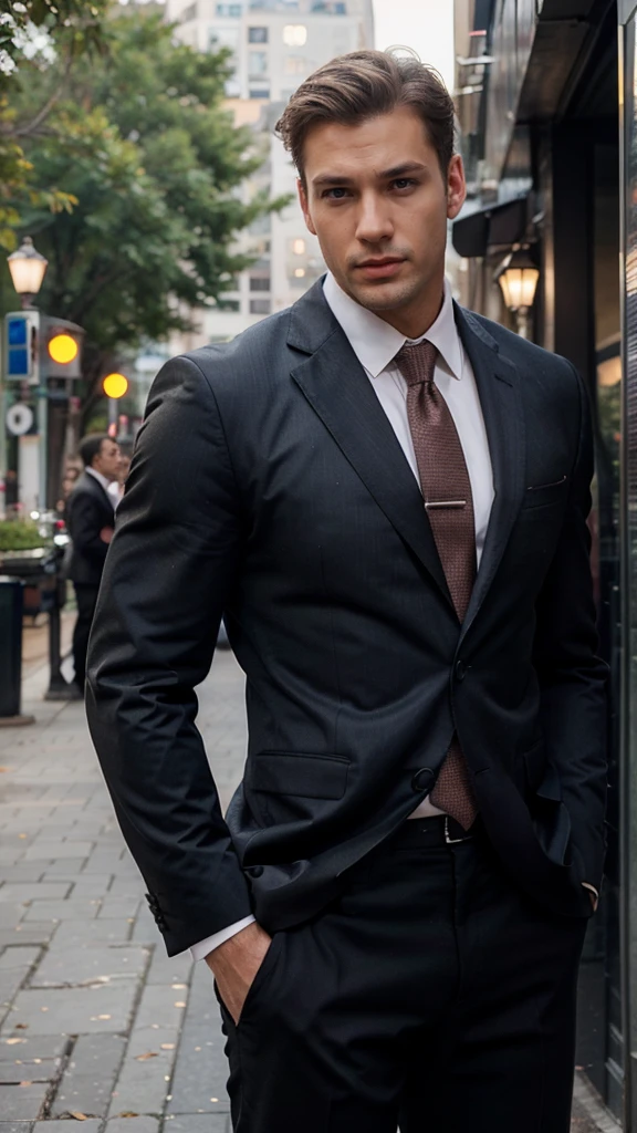 1man, suit, muscle, tall, realistic, handsome, handsome, realistic, Outdoors, blurred background