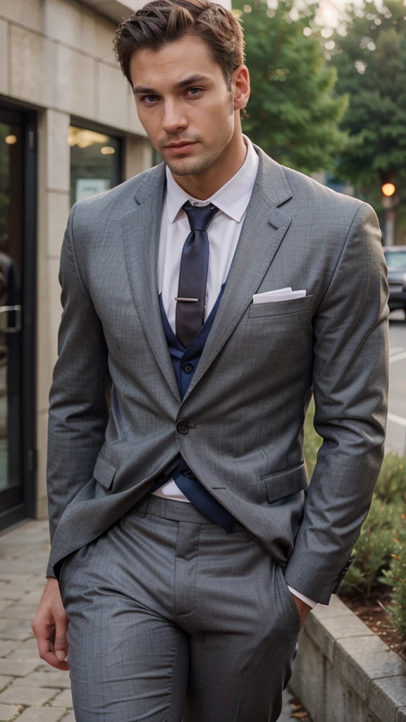 1man, suit, muscle, tall, realistic, handsome, handsome, realistic, Outdoors, blurred background