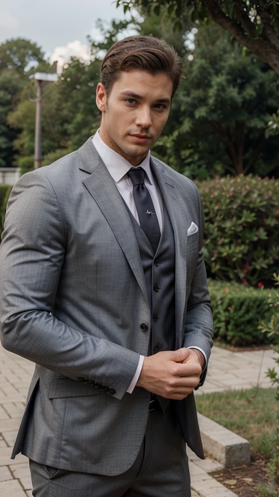 1man, suit, muscle, tall, realistic, handsome, handsome, realistic, Outdoors, blurred background