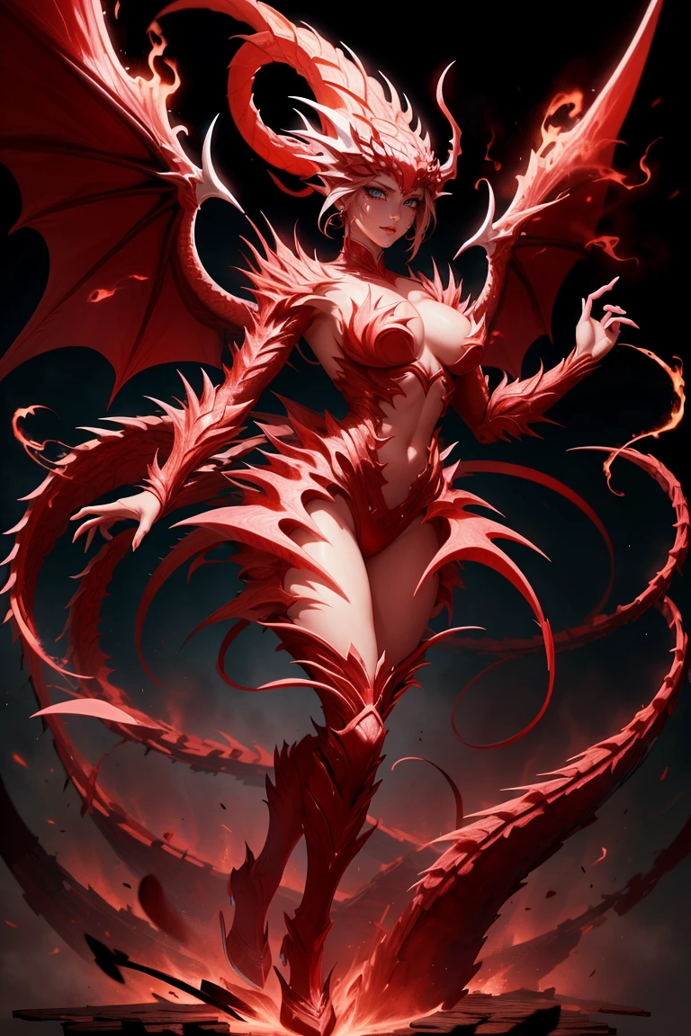 flaming red dragon woman with wings, perfect hands, flames and particles, fictional figure body hands on waist