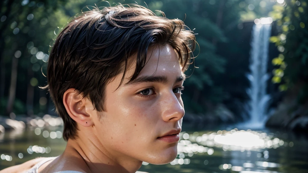 Masterpiece, Best Quality, Cinematic photo of a close up portrait of a cute 19 year old French boy., bathe in your underwear in a river, seen from behind (backlighting), realist, Lens flare, shadow, Bloom, digital paint. cold blue light., Photography, Movie, high resolution.