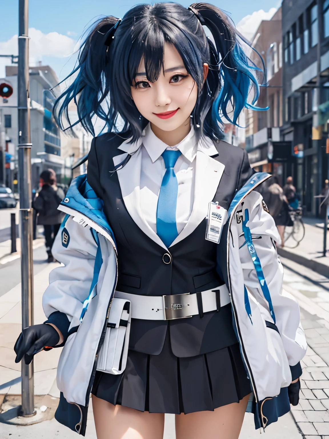 Masterpiece, hd, realistic, cosplayer, 1girl, yuuka \(blue archive\), solo, blue necktie, two-sided coat, blue hair, (blue hair:1.1), half gloves, pleated skirt, white shirt, two side up, belt pouch, suit jacket, id card, standing, cowboy shot, light smile, looking at viewer, outdoors, street, city, depth of field, masterpiece