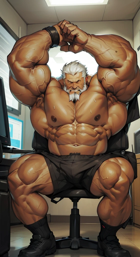 animestyle, solo, 1boy, perfect anatomy, perfect proportion. Huge Muscular Old man, pectoral, thick arms, huge pectoral, wide pectoral, short white hair, red beard and hair, simple background, masterpiece, anime:1.2, high detailed, 8k, high resolution, perfect center, full view. ((really big muscle, massive muscular, sixpack, thick arms, wide pectoral, super huge muscle, hyper muscular, over sized muscle, huge arms, big arms, huge pectoral))