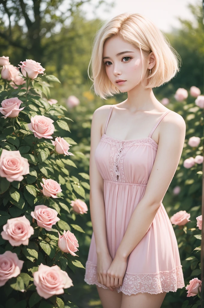 8k, RAW photo, Fujifilm, style photo of a beautiful young woman as avril in a garden of light pink roses (highly detailed skin: 1.2) Style-Petal BREAK short hair, blonde hair with colored locks, wearing a dress, film granulation, 35mm, cute style