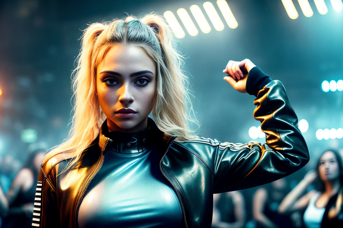 (Masterpiece:1.1), (photorealism:1.1), (1 girl),a sporty woman, without makeup, Cara de ahegao, sweaty skin, global illumination, Wavy brown hair with blonde highlights., punk, (wearing a leather bolero jacket and spandex bra and shorts), tear face tattoo, blushing, exposed breasts, ((Full length portrait)), alternative woman, (Open mouth), (moaning), tattoos, Detailed photography, poster, high detailed, 8k, focus on lips, in front of the camera, 8K resolution, ashamed, (orgasm), (eyes partially closed), NSFW, pulido, HDR, 8k, sharp focus, focus on face, medium breasts, Dark eyeliner, lipstick, (on a dance floor in a crowded nightclub), At night, backlights, people in the background, color photo, shallow depth of field, natural light, (perfect hands), Perfect face, wet hair