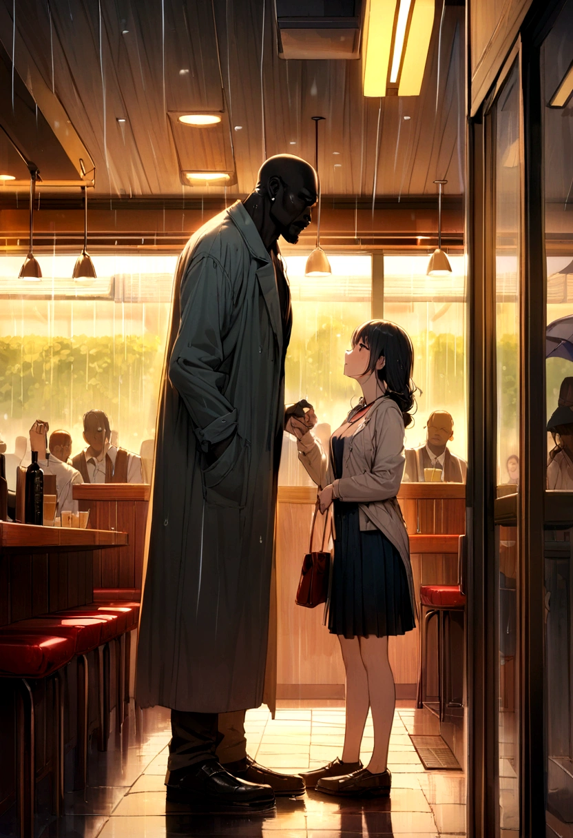 Woman meeting tall, dark man in restaurant while it rains