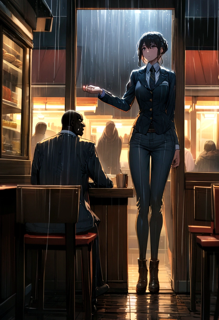 Woman meeting tall, dark man in restaurant while it rains