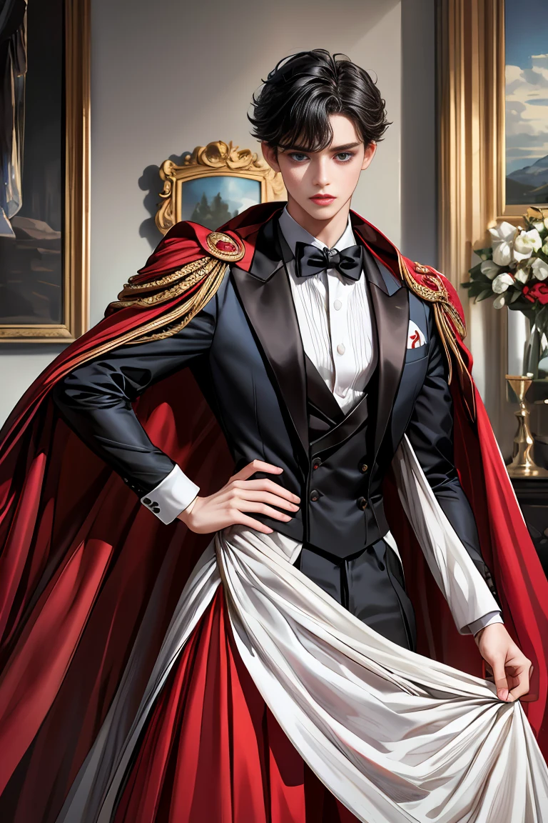 masterpiece, 最high quality, high quality, 1 boy, alone, Male focus, Watching the audience, Messy black hair, Adorable big blue eyes, White people, Noble, Noble,Sexy voluminous black and red cape、Tuxedo、A very voluminous, large, very large, very large, long, long red and black cape with a high stand-up collar, reaching down to the floor, made of a lot of fabric., 17 years old,Cute beautiful boys,Cute, cute, kind, handsome guy