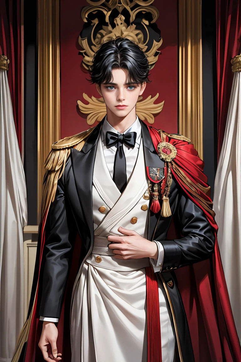 masterpiece, 最high quality, high quality, 1 boy, alone, Male focus, Watching the audience, Messy black hair, Adorable big blue eyes, White people, Noble, Noble,Sexy voluminous black and red cape、Tuxedo、A very voluminous, large, very large, very large, long, long red and black cape with a high stand-up collar, reaching down to the floor, made of a lot of fabric., 17 years old,Cute beautiful boys,Cute, cute, kind, handsome guy