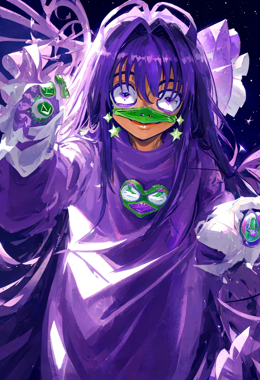 portrait of purple super hero pepe with purple skin,, wearing superman outfit with big H in middle , a starry night sky background, (((pepe_frog))),,detailed portrait, (best quality,8k,highres,masterpiece:1.2),ultra-detailed,digital painting,vibrant colors,dramatic lighting,fantasy,surreal, pepe the with purple skin, hedgehog with big mucles, hedgehog, supe hero, superman, pepe the frog, as super hero pepe_frog, high qulity