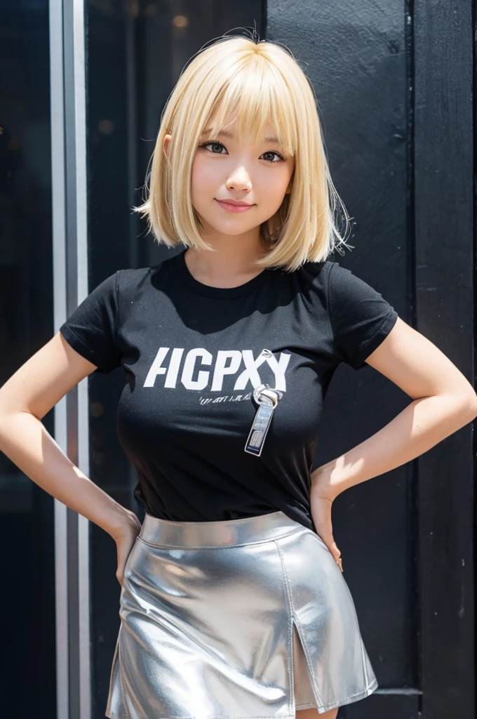 (beautiful micro girl:1.3),(future morning:1.4),( huge :1.4) ,,(messy short glossy platinum yellow blond hair:1.3),(bangs:1.2)
(smile :1.2),(beautiful body:1.5),(silver mini skirt :1.4),(black big T-shirt:1.4),(big hip:1.3)
