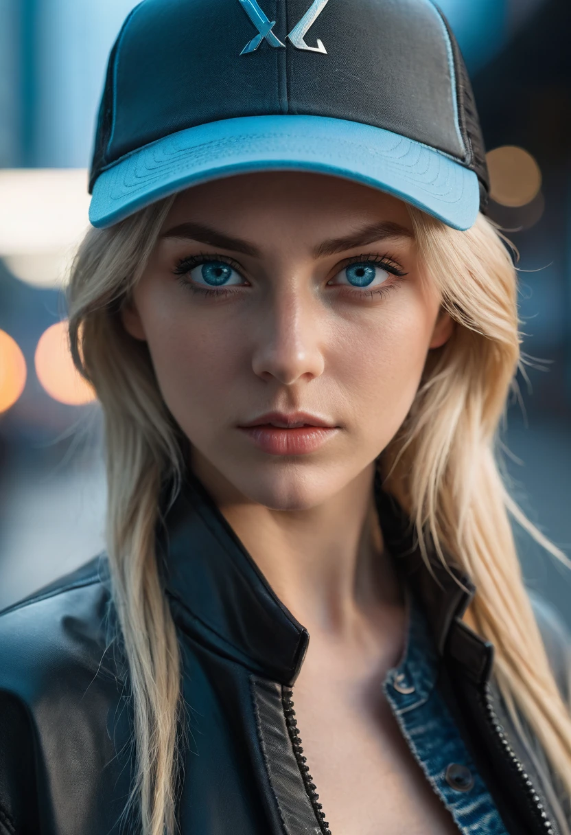 medium close-up, SONY A7S III camera, 18mm lens, f1.6.) Wearing trendy modern urban clothes and all black trucker cap without logos on her head (full uncropped cap image), a stunning and beautiful Caucasian woman with blonde hair and light blue eyes with slit pupil stands starring looking out over the futuristic city at the viewer in a dynamic body pose, perfect eyes, detailed skin, intricate details, hair, cap and clothes, intense. High quality, hyper-detailed, depth of field, ambient light, film still image, film still image, cinematic, cinematic shot, cinematic lighting, ambient occlusion, 64K UHD. Film photography, Film photography, Cinematic, Cinematic scene, Cinematic lighting, blue eyes, perfect eyes, side view, (full uncropped image