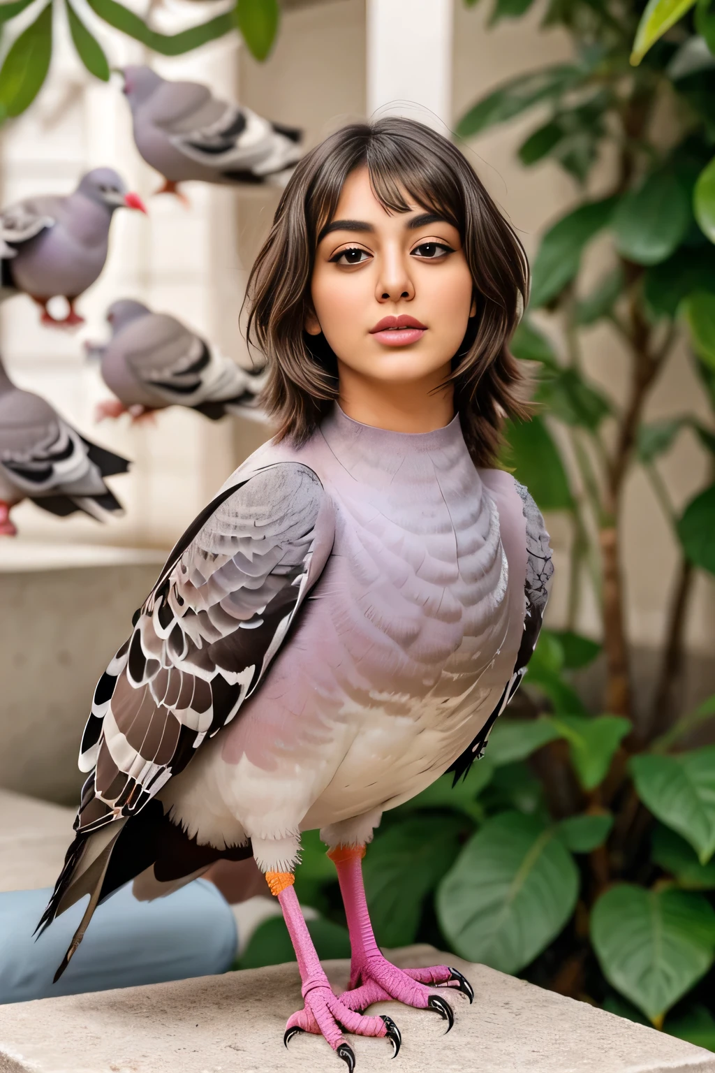 Hansika Motwani is a pigeon bird, She is a bird but her head looks like girl, from neck to full body looks like pigeon bird. Pigeon legs, pigeon wings. Bird body, pigeon body, perfect picture, perfect bird, real bird, Real head replace with real pigeon head. Exact Bird. Red Color pigeon.