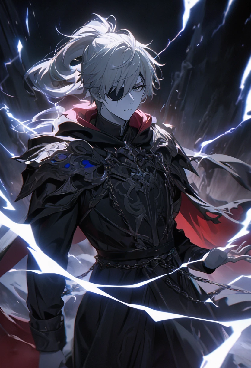 Anime character. A man, he was medieval. 27 years old, large body, cold gaze, cold expression, white skin, short and messy gray hair, ponytail, left eye patch, black clothes, black shirt, dark cape with hood, several chains. frontal camera. Walking under the red moonlight. White electricity emanating from his body, black electricity emanating from his left hand. Iris of the right eye glowing white. Thunderous white lightning. (best quality, 4k, 8k, high resolution, masterpiece: 1.2), vibrant, ultra-detailed colors, chiaroscuro lighting, dramatic pose, intricate details, fantasy, mystical, powerful