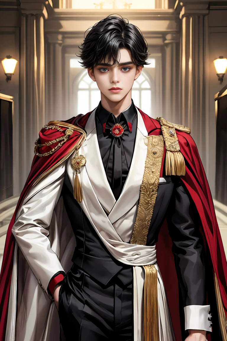 masterpiece, 最high quality, high quality, 1 boy, alone, Male focus, Watching the audience, Messy black hair, Adorable big blue eyes, White people, Noble, Noble,Sexy voluminous black and red cape、Tuxedo、A very voluminous, large, very large, very large, long, long red and black cape with a high stand-up collar, reaching down to the floor, made of a lot of fabric., 17 years old,Cute beautiful boys,Cute, cute, kind, handsome guy