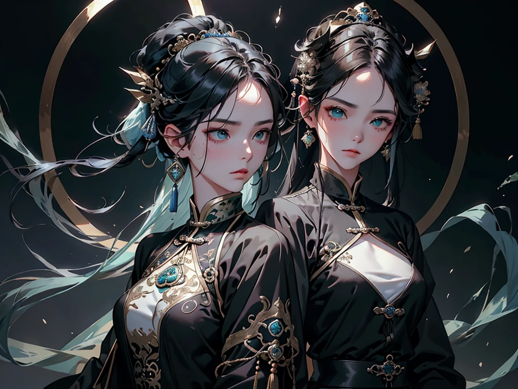 Masterpiece, Best quality, 1 Female, Mature Woman, Elder Sister, Royal Sister, Cold Face, strong, green eyes, wolfcut short hair, smoky mix blue color hair, resolute eyes, simple black Taoist Taoist uniform, black accessories, Chinese mix morden, wear hair brooches, frontal photo, blank background, remove background