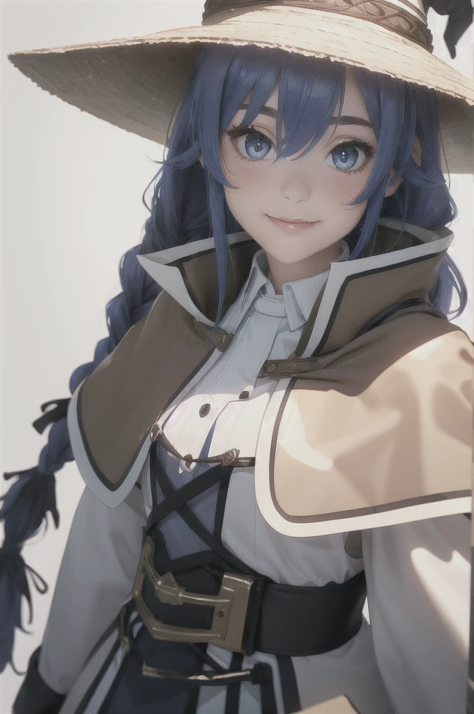 masterpiece, (photorealistic:1.4), best quality, beautiful lighting,
roxy migurdia, 1girl, bangs, blue eyes, blue hair, blush, braid, brown cape, brown capelet, brown headwear, cape, capelet, collared shirt, crossed bangs, dress, hair between eyes, hat, long braid, long hair, long sleeves, looking at viewer, shirt, simple background, smile, solo, tsurime, twin braids, upper body, white background, white dress, witch hat, ((masterpiece))
, intricate details, natural light, RAW photo, 8k uhd, film grain