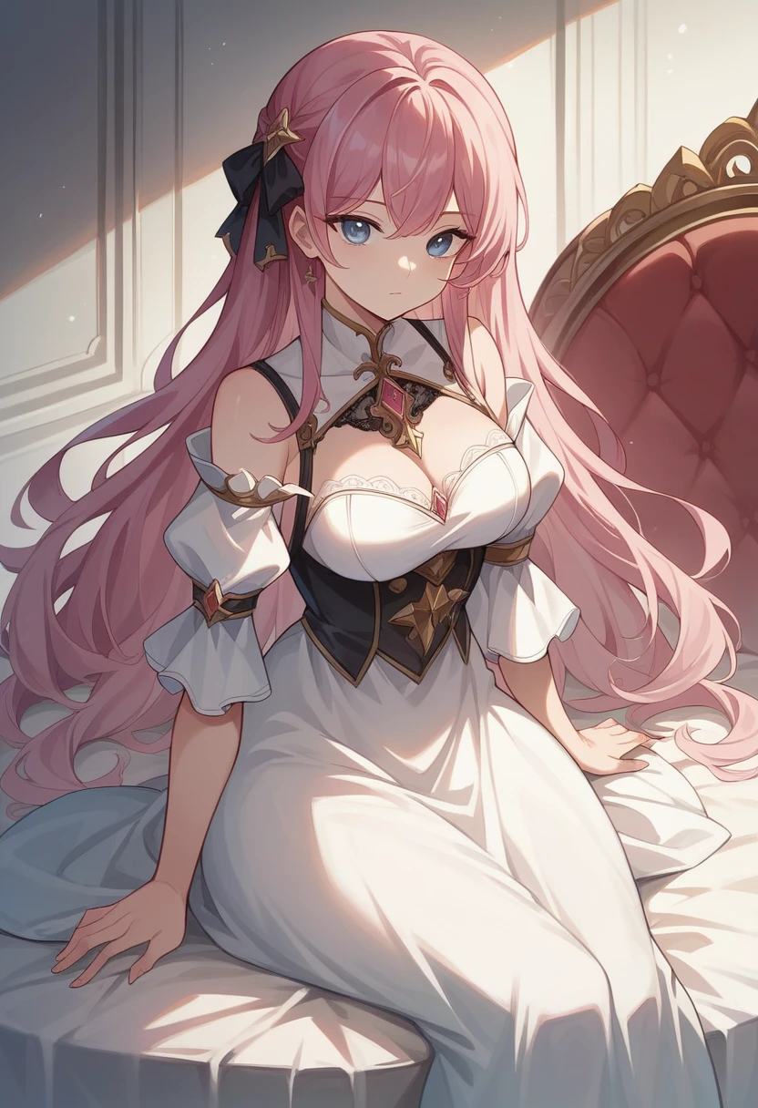 ((Highest quality)), ((masterpiece)), (detailed), ((Perfect Face)), Lilia, One Girl、Pink Hair、blue eyes、White dress with black lace、large pink ribbon on the chest、Under the stars、Sitting、Aurora、move、