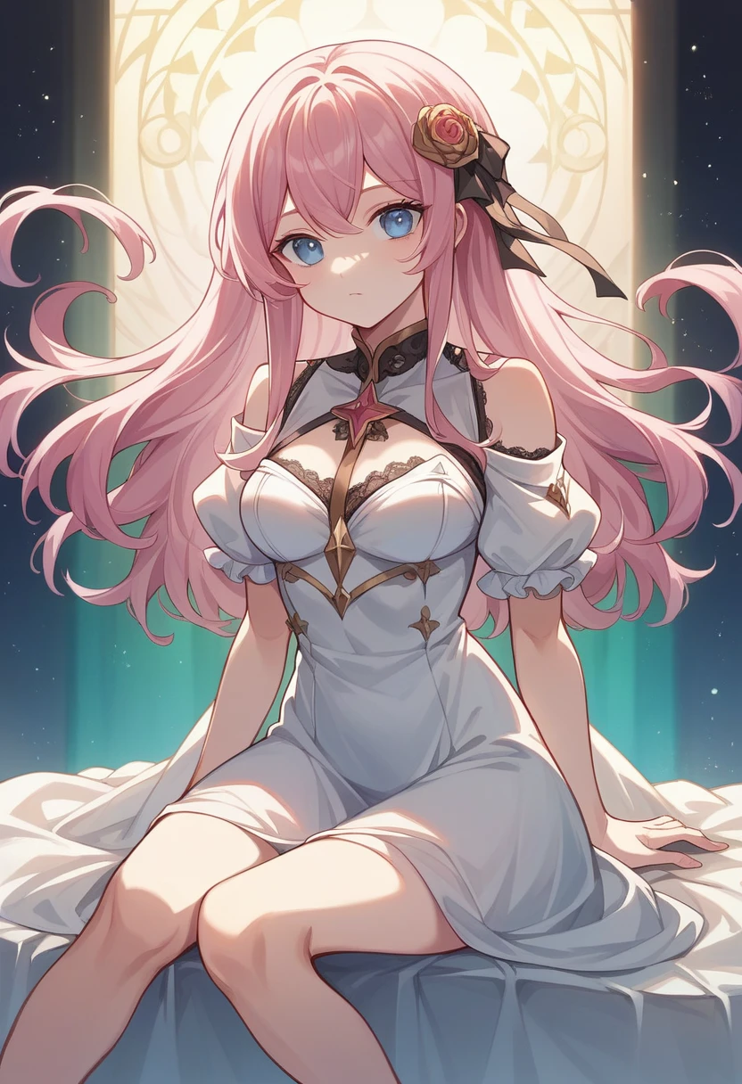 ((Highest quality)), ((masterpiece)), (detailed), ((Perfect Face)), Lilia, One Girl、Pink Hair、blue eyes、White dress with black lace、large pink ribbon on the chest、Under the stars、Sitting、Aurora、move、