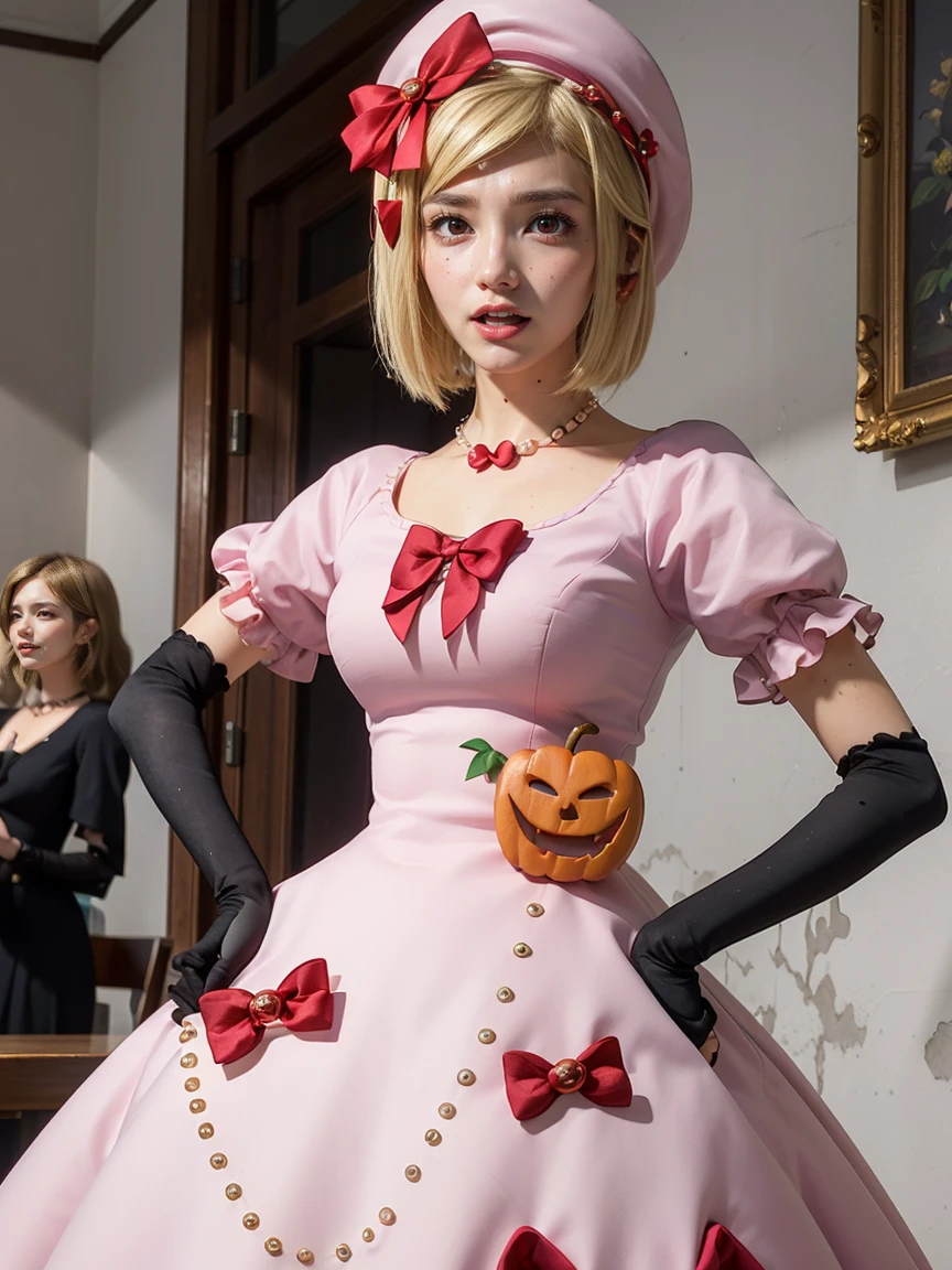 (1 lady), The beautiful, (Best quality at best:1.4), (ultra - detailed), (extremely detailed CG unified 16k), gold blonde hair, very detailed, High-definition RAW color photo, professional photoshooting, amazing face and eyes, cosmetics, (amazingly beautiful girl), ((lambdadelta, tall woman, taller)), ((dress, red bow, pink hat, necklace, gloves, pearl, pink dress)), standing, realistic cinematic face, photo portrait, upper body (shoulders to head), photorealistic, ((realistic natural blonde hair style, scarlet red eyes)), gorgeous, extremely beautiful face, perfect model beauty, pout mouth, flirting smile, cleavages, city girl, eastern, (masterpiece), best quality, high resolution, extremely detailed, blurred background, depth of field, cinematic lighting, clear and well-cared skin, jack-o'-lantern on dress,