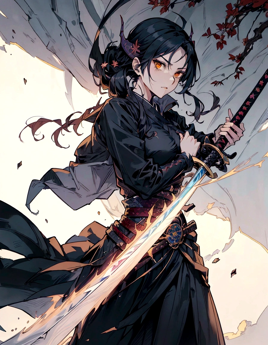 anime girl with a sword and a black dress, handsome guy in demon slayer art, demon slayer rui fanart, she is holding a katana sword, with large sword, by Yang J, she is holding a sword, holding a sword on her shoulder, demon slayer artstyle, holds a black sword, holding a long sword, swordsman, holds a sword