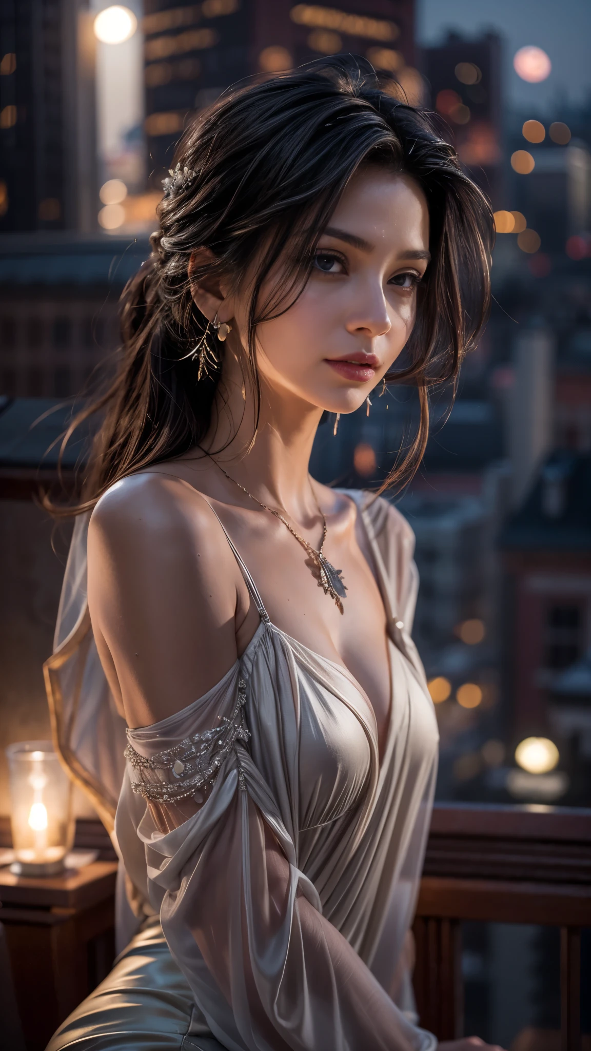 (32k:1.5, Highest quality, masterpiece, Ultra-high resolution), Professional camera work:1.6, Very detailedな肌と顔の質感:1.3, Enchantingな肖像画:1.3, Very accurate, Very detailed, 1 adult female, ((Amazing night view from the rooftop, The moonlight at night illuminates my body)), (Satin Nightgown:0.5), Incredibly slim body, Fair skin, elegant, Expressions of sadness, (Big eyes that exude beautiful eroticism:0.8, Sad expression:1.0, I love you with all my heart:0.8, Open your mouth a little, lipstick, Feel the beautiful eroticism:0.8), (Wet dark brown medium length hair), Candles, The chest is medium, Earrings, necklace, bracelet, Sensual sitting position, (romantic, dramatic, mysterious), Object of admiration, Format, Artistic, Innovative, Enchanting, Stimulate, Extreme, Tilt, ((Adult charm, Feminine charm, Hair blowing in the wind))