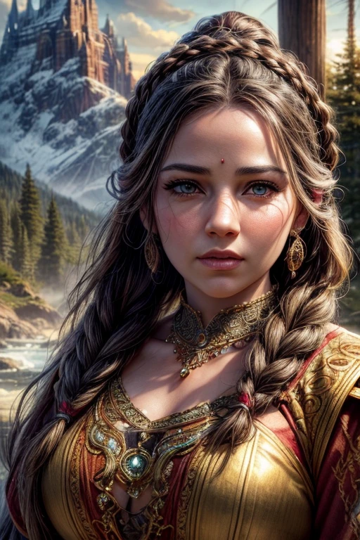 A beautiful, intricate portrait of a dwarven woman, delicate facial features, piercing eyes, full lips, intricate hairstyle with braids and jewels, wearing an ornate, detailed dress with intricate embroidery and patterns, set against a fantasy landscape background with mountains, forests, and a glowing sky, (best quality,4k,8k,highres,masterpiece:1.2),ultra-detailed,(realistic,photorealistic,photo-realistic:1.37),concept art, cinematic lighting, dramatic shadows, glowing warm colors, rich textures