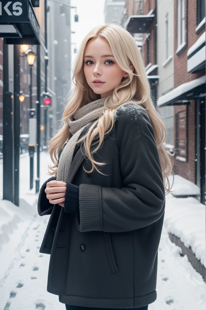 professional portrait photograph of a gorgeous Norwegian girl in winter clothing with long wavy blonde hair, sultry flirty look, gorgeous symmetrical face, cute natural makeup, wearing elegant warm winter fashion clothing, ((standing outside in snowy city street)), stunning modern urban environment, ultra realistic, concept art, elegant, highly detailed, intricate, sharp focus, depth of field, f/1. 8, 85mm, medium shot, mid shot, (((professionally color graded))), bright soft diffused light, (volumetric fog), trending on instagram, hdr 4k, 8k