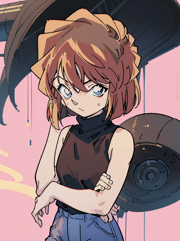 masterpiece, best quality, beautiful face, (street, upper body:1.4), anime style, (1girl in, Solo:1.0), (Haibara Ai), ((Short pants)), (((Big eyes))), (Cute anime girl head), (flat chest),looking at viewer,With a height of 100cm, shoot from front, (head shot), Simple line minimalism, Abstract Art, vivid color