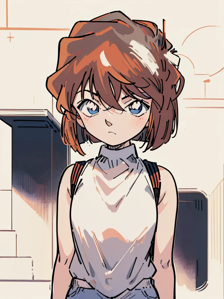 masterpiece, best quality, beautiful face, (street, upper body:1.4), anime style, (1girl in, Solo:1.0), (Haibara Ai), ((Short pants)), (((Big eyes))), (Cute anime girl head), (flat chest),looking at viewer,With a height of 100cm, shoot from front, (head shot), Simple line minimalism, Abstract Art, vivid color