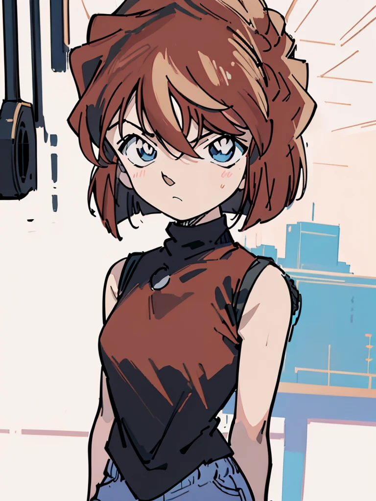 masterpiece, best quality, beautiful face, (street, upper body:1.4), anime style, (1girl in, Solo:1.0), (Haibara Ai), ((Short pants)), (((Big eyes))), (Cute anime girl head), (flat chest),looking at viewer,With a height of 100cm, shoot from front, (head shot), Simple line minimalism, Abstract Art, vivid color