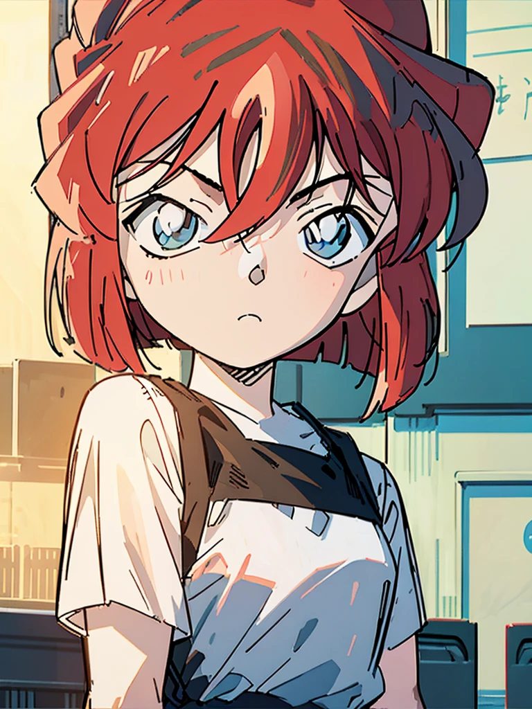 masterpiece, best quality, beautiful face, (street, upper body:1.4), anime style, (1girl in, Solo:1.0), (Haibara Ai), ((Short pants)), (((Big eyes))), (Cute anime girl head), (flat chest),looking at viewer,With a height of 100cm, shoot from front, (head shot), Simple line minimalism, Abstract Art, vivid color