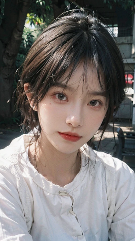 (smooth skin textures:1.3), Lipstick, (Upper body:1.3),(Upper Body:1.3), earrings, serene, calm, (Dress conservatively:1.6),(Realistic and detailed eyes:1.2), Natural skin texture, Realistic facial details, Soft dramatic lighting, Vivid details, outdoor, (Photo Practical:1.4), (hyper Practical:1.4), (Practical:1.3), (Improve lighting quality:0.9), (Highest quality real skin textures:1.4), (Enhance the beauty of skin texture:1.1), Hair details, model, short hair, Moles under the eyes, Portrait Photography, Depth of Field, Bokeh, Surrealism, Ray Tracing, (Portrait Photography:1.1), Surrealism, High Detail, Chiaroscuro, Ray Tracing, reflected light, Ultra HD, Ultra HD, masterpiece, Textured Skin, Super Detail, High Detail, high quality, best quality