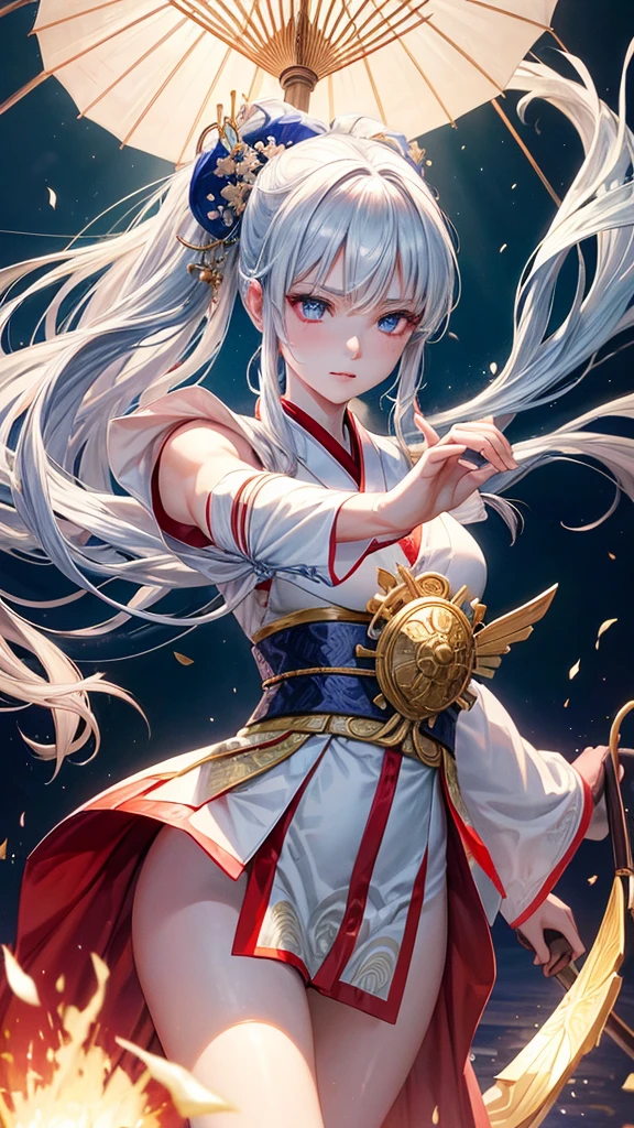 Kagura is a heroine with an elegant and mystical appearance. She wears a traditional Japanese kimono with floral details and intricate embroidery.. Her kimono is mostly blue and white, symbolizing your connection to magic and serenity.She has long white hair that falls softly over her shoulders., usually adorned with traditional hair accessories, such as ribbons and floral ornaments. Your eyes are big and expressive, reflecting both wisdom and determination.Kagura carries the Seimei Umbrella with her, a magical umbrella decorated with ancient and mystical patterns. This umbrella is not just an accessory, but also a powerful weapon that she uses to channel her magic and carry out devastating attacks against her enemies.Your posture and movements are graceful and fluid, evoking the image of a dancer while exuding an aura of power and mystery.Kagura: A Mystical Exorcist"In the shadows of the night, when evil spirits lurk, a powerful presence emerges to purify the world. Kagura, the Exorcist, with his Seimei Umbrella transformed into a sacred instrument, bathes the battlefield in purifying light. Draped in white and gold ceremonial robes, Your every move is an exorcism dance, warding off evil and protecting the innocent. Let the demons tremble, pois the Exorcist está aqui para libertar as almas atormentadas e restaurar a paz. The ritual begins now!"
