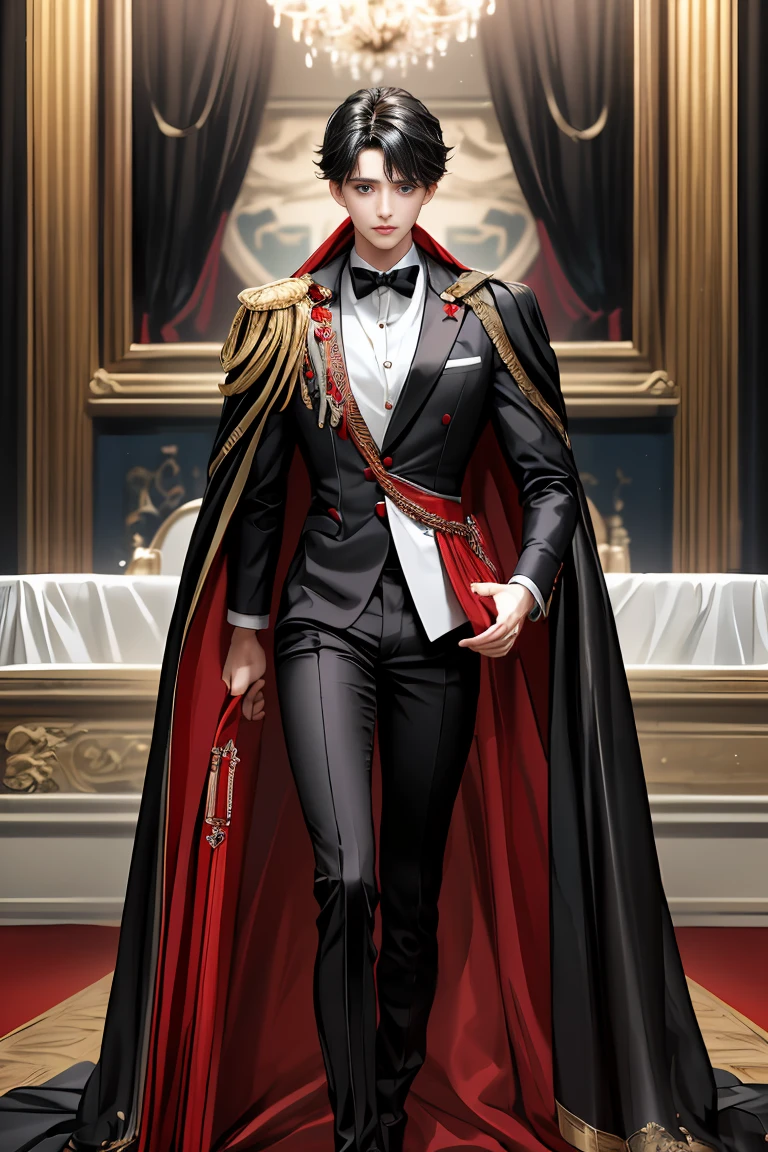 masterpiece, 最high quality, high quality, 1 boy, alone, Male focus, Watching the audience, Messy black hair, Adorable big blue eyes, White people, Noble, Noble,Sexy voluminous black and red cape、Tuxedo、A very voluminous, large, very large, very large, long, long red and black cape with a high stand-up collar, reaching down to the floor, made of a lot of fabric., ,Cute beautiful boys,Cute, cute, kind, handsome guy