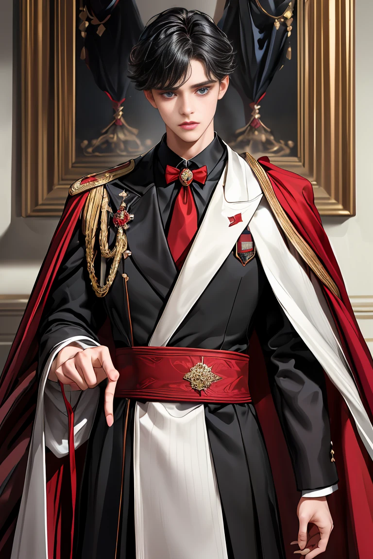 
masterpiece, 最high quality, high quality, 1 boy, alone, Male focus, Watching the audience,  Messy black hair, Adorable big blue eyes, White people, Noble, Noble,Sexy voluminous black and red cape、Tuxedo、A very voluminous, large, very large, very large, long, long red and black cape with a high stand-up collar, reaching down to the floor, made of a lot of fabric., ,Cute beautiful boys,Cute, cute, kind, handsome guy