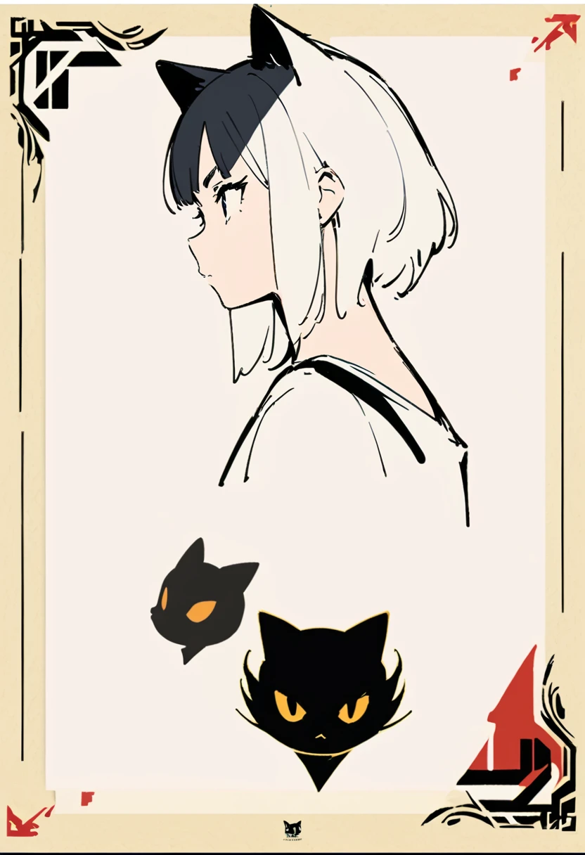 (Thick painting style),Thick line drawing, ((masterpiece,)),(((Highest quality))),(sketch),((Adult women in their 20s)),Short black hair,Black cat ears,A plain white T-shirt,jeans,(((profile,Character Portrait,Full Art,Dynamic pose))),flat chest