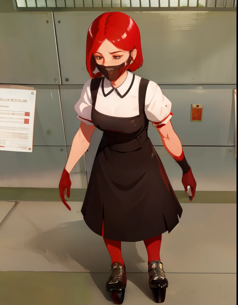 The Reaper Nurses are slim, female humanoids with light skin dressed in 20th-century nurse clothing. Their faces are visibly obscured by what seems to be a white paper bag with a medical "plus" sign marked on the front, though they can still see. Like the Matron, the Reaper Nurses wear red combs across the top of their bags. While it is unknown what their faces look like, some merchandise has shown that they wear pink lipstick and appear to have the mouth and chin of an average human.
Their clothing comprises a skintight red and white rubber/latex dress, red buttons on the shirt and the skirt, white tights on their legs, and black first-aid signs featured on the shoulders and belt. They wear red gloves and red roller skates resembling heels.