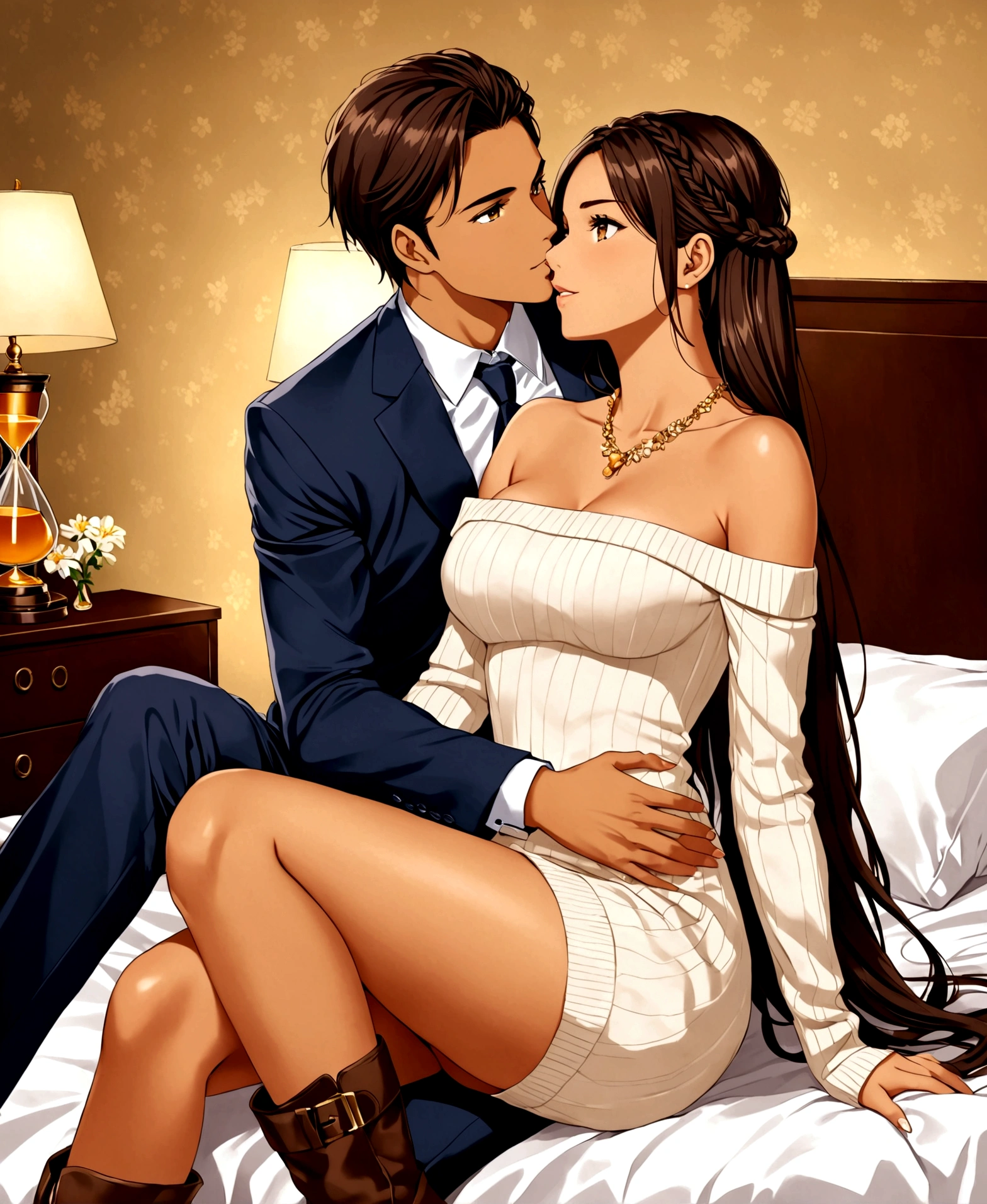 a young woman, businesswoman, 23 years old, beautiful, (Mediterranean tanned skin, long straight hair combed in a pigtail braid, honey-colored eyes,), /(Casual wear: full body short fitted dress with bare shoulders and flower patterns, neckline, white sweater, knee high boots,), /(shapely legs, hourglass-shaped athletic body, medium hips, small waist, Big chest), in a room, medium illumination of a lamp, kissing with an youbg man, 21 years old, /(formal suit, rings on fingers,), on top of the man riding him, lying on the bed, frontal focus,