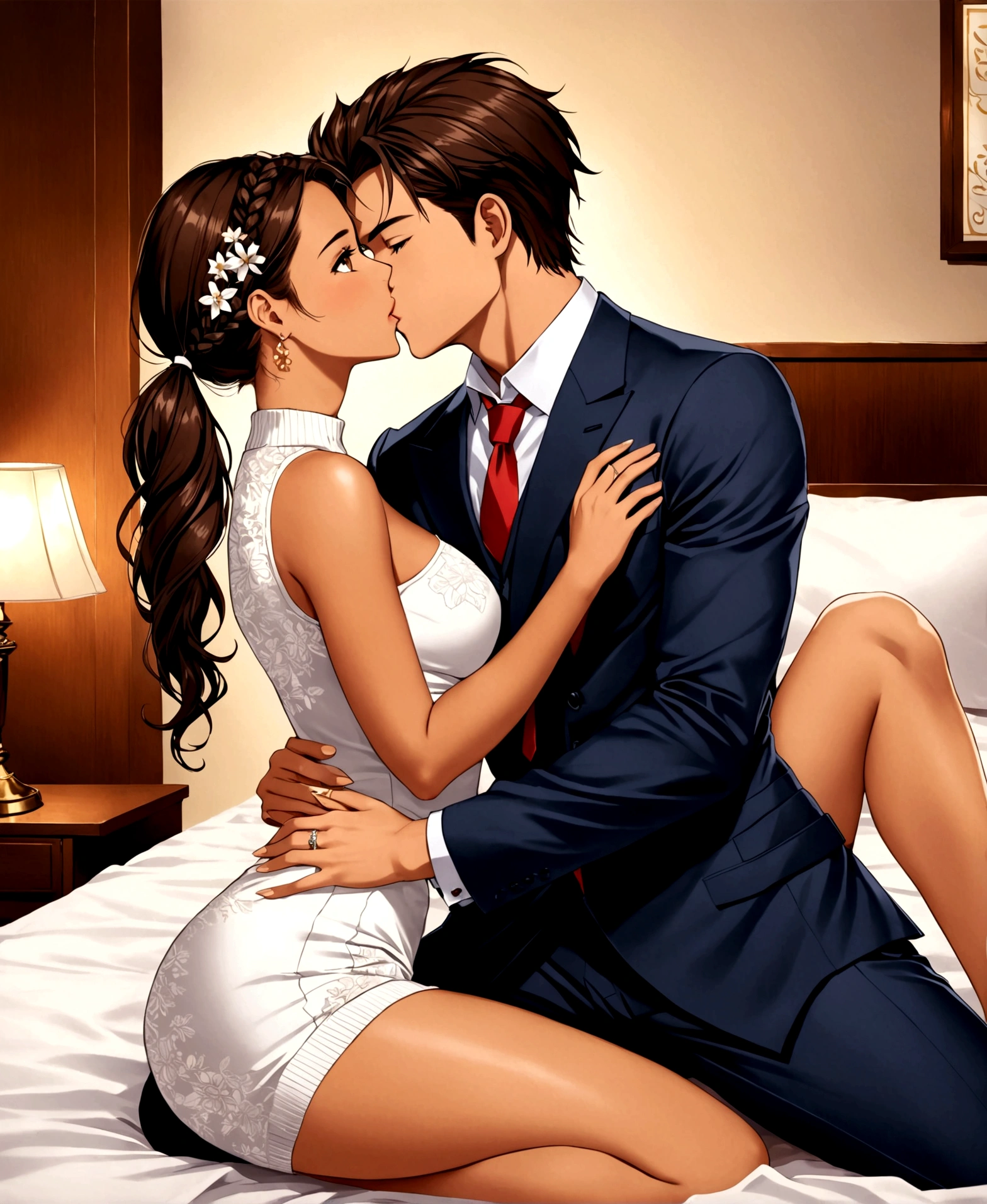 a young woman, businesswoman, 23 years old, beautiful, (Mediterranean tanned skin, long straight hair combed in a pigtail braid, honey-colored eyes,), /(Casual wear: full body short fitted dress with bare shoulders and flower patterns, neckline, white sweater, knee high boots,), /(shapely legs, hourglass-shaped athletic body, medium hips, small waist, Big chest), in a room, medium illumination of a lamp, kissing with an youbg man, 21 years old, /(formal suit, rings on fingers,), on top of the man riding him, lying on the bed, frontal focus,