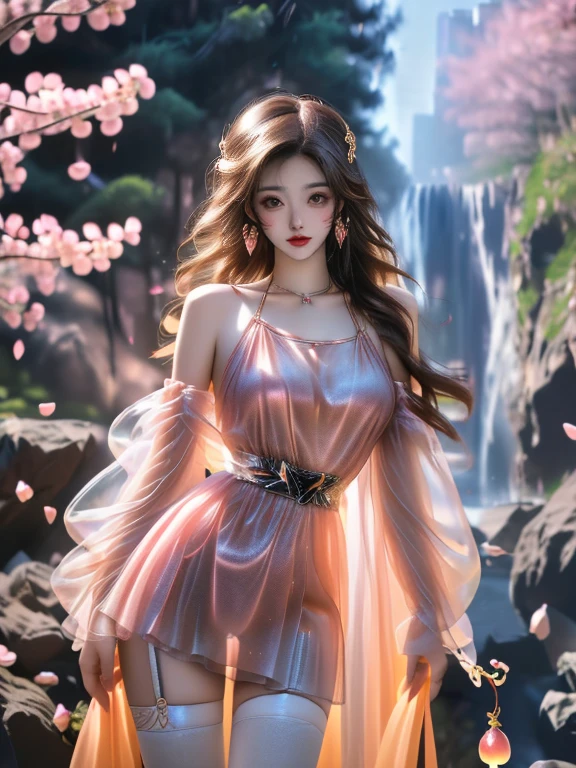 An Asian Chinese female model, Night rainy waterfall background, (8K Ultra HD, Digital SLR Camera, Soft Light, high quality, Volumetric Lighting, frank, photo, high resolution, 4K, 8K, Bokeh), (Create stunning images of real girls, warm light, Dynamic poses, Elegant Posture, Cowboy lens, Full body front view, From the front，Be confident, Front of the body facing the camera, Standing posture facing the camera, Open your legs slightly, Golden Ratio Graphics, Minimalism), (Show a charming smile, Willow Leaf Eyebrows, big eyes, Apricot eye prick, Cherry Blossom, Balanced Eyes, Oval face, Pretty Face, Normal facial features, Skin is transparent and visible, Thin skin and tender meat, cosmetic, earrings, bracelet, necklace, Jewelry, veil, Hair accessories), (Brown hair, Wavy curly hairstyle, Waist-length hair, Messy Hairstyle, Gradient hairstyles, Cyberpunk hairstyle), (Transparent clothes：1.5, Orange clothes, Thin clothes, Transparent mesh clothes, Transparent clothes, Transparent silk hanfu,Ultra-fine three-point underwear), (Sexy, Perfect breast shape, Teardrop-shaped chest shape, Snow-white breasts, very detailed breasts, 34E cup), (Super high waist clothes, Waist hollow, Levain), (Black socks, Clear knee-length socks, 吊garter, Leg ring, garter, 腿部garter)