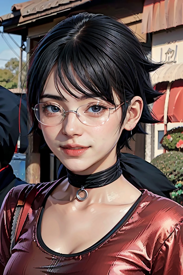 1girl, sarada uchiha in anime boruto, short hair, black hair, red eyes, smile, beautiful, sexy dress, sexy clothes, red clothes, wear red glasses, very big breast, realistic clothes, detail clothes, outdoor background, ultra detail, realistic