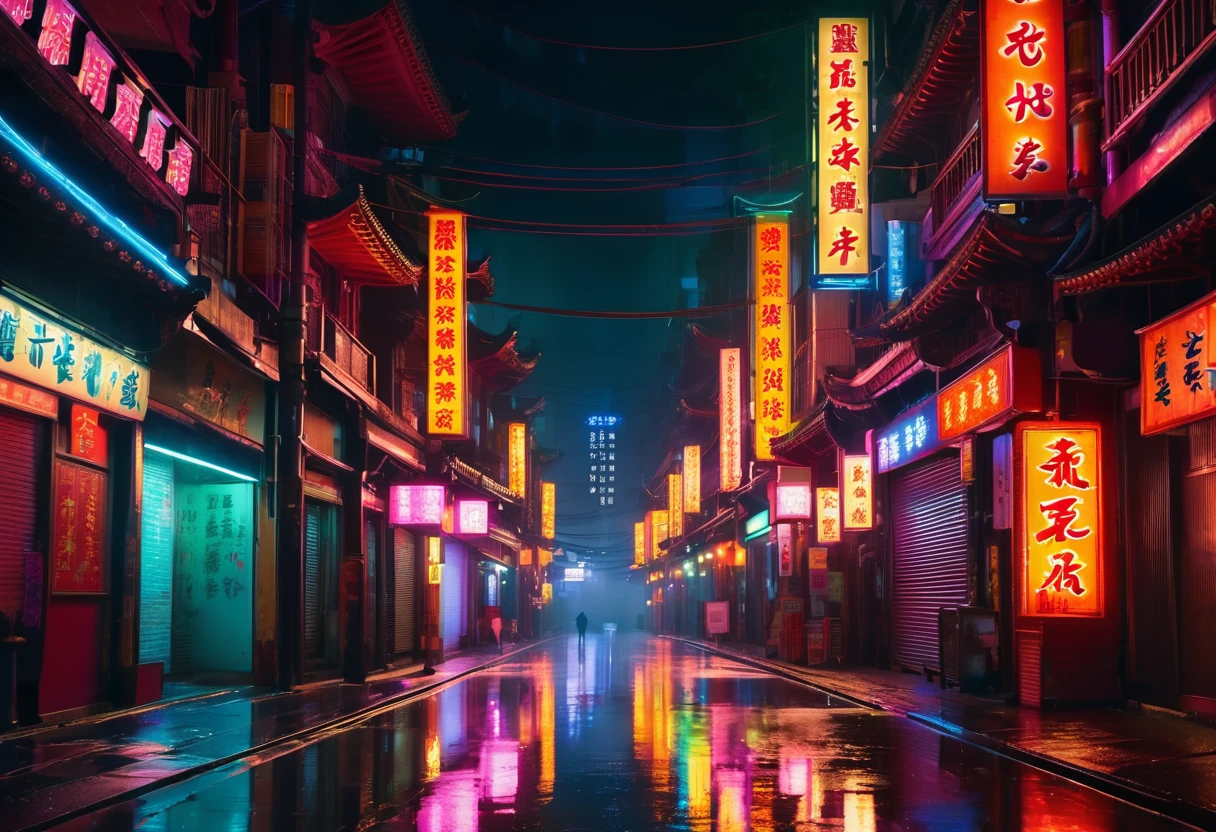 A cinematic view down an empty Chinatown street at night, lit by vibrant neon signs in English and Chinese. The street glistens with rain, reflecting the colorful lights. Shops are closed, metal shutters down, with a single figure silhouetted in the center, illuminated by a streetlight. Focus on a gritty, cyberpunk atmosphere with hyper-detailed reflections.