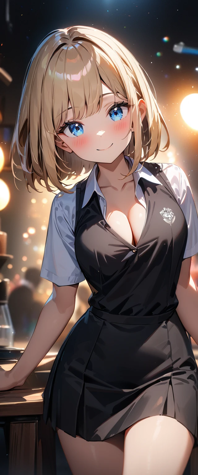 (((One girl))), blond hair, bob cut, (cowboy shot), (looking at viewer), face in focus, breasts, ager, head tilt:1.3, (((blue eye))), ((happy smile)), ((blush)), contrapposto, school summer uniform, white shirts, skirt, black waistcoat, ((cleavage)), anime style, (best quality, 4k, 8k, highres, masterpiece:1.2, ultra-detailed, ultra-detailed eyes, HDR, UHD, studio lighting, ultra-fine painting, sharp focus, physically-based rendering, extreme detail description, professional, vivid colors, bokeh)