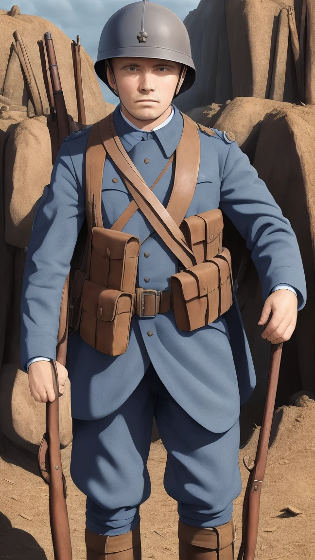 (masterpiece), best quality, expressive eyes, perfect face, All quiet on western Front, man, trenches, dirty, uniform, realistic, HD, Rifle