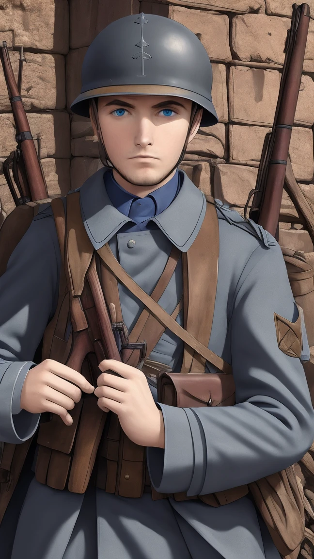 (masterpiece), best quality, expressive eyes, perfect face, All quiet on western Front, man, trenches, dirty, uniform, realistic, HD, Rifle