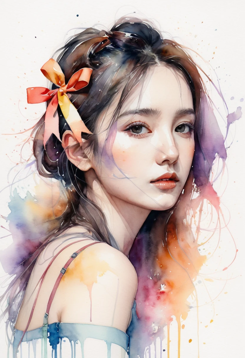 (8k, best quality, masterpiece:1.2),(best quality:1.0), (ultra highres:1.0), watercolor, a beautiful woman, shoulder, hair ribbons, by agnes cecile, half body portrait, extremely luminous bright design, pastel colors, (ink:1.3), autumn lights,
