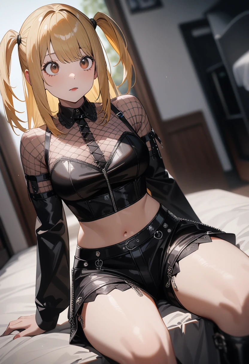 1girl,solo,(amane misa, death note:1.1),super detailed skin,shiny skin,natural face,blonde hair,sidelocks,short twintails,long hair,medium breasts,Punk Lolita,gothic shorts,2D,anime,dynamic angle,sitting,bedroom,masterpiece,best quality,ultra detailed,high resolution,sharp focus,depth of field,